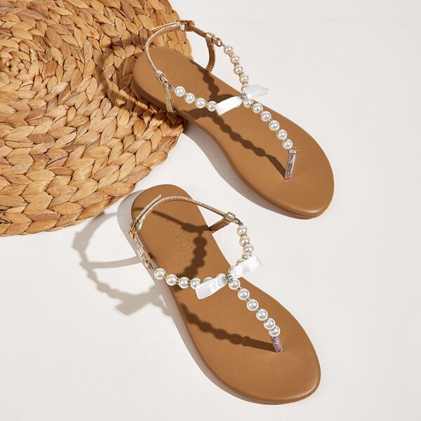 

Faux Pearl Beaded Thong Sandals, Beige