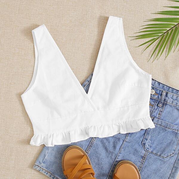 

V-neck Frill Trim Button Back Tank Top, White