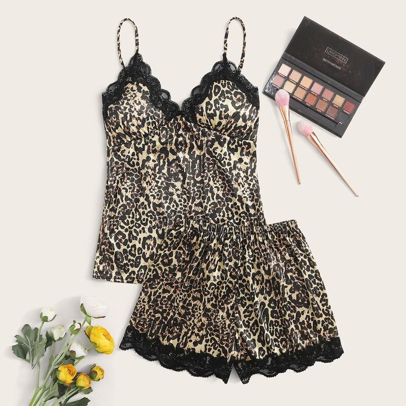 

Leopard Lace Trim Satin Cami PJ Set, Multicolor