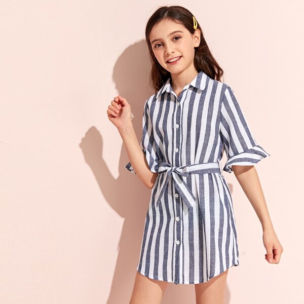 

Girls Flounce Sleeve Self Belted Striped Shirt Dress, Navy blue
