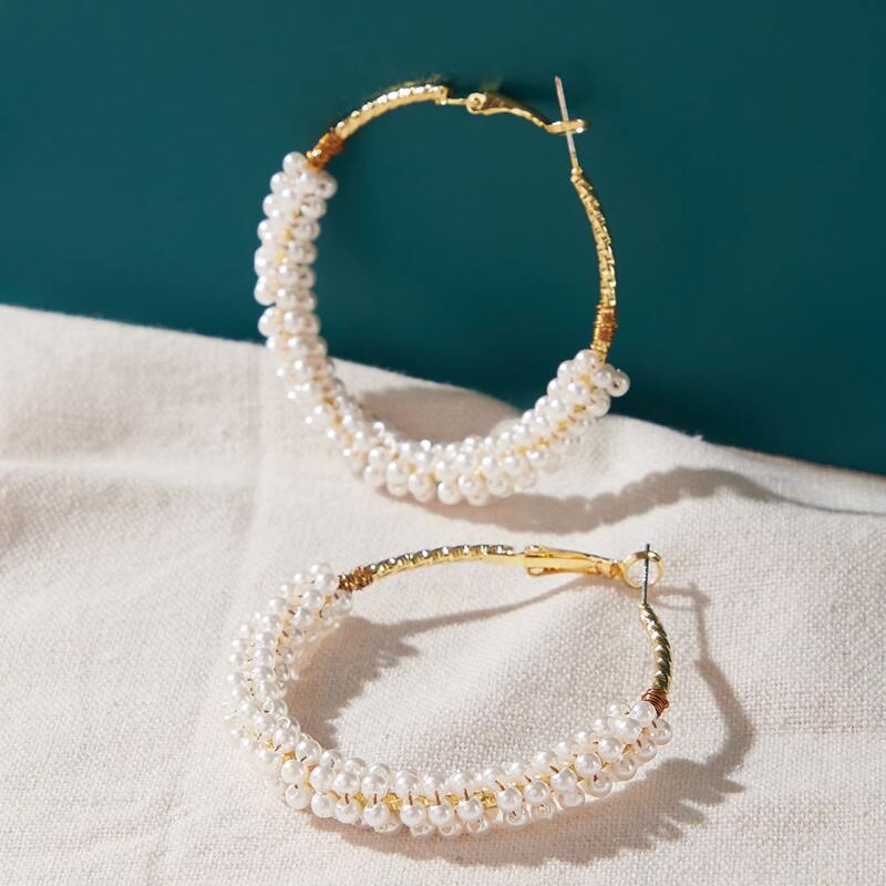 

1pair Faux Pearl Beaded Hoop Earrings, Multicolor
