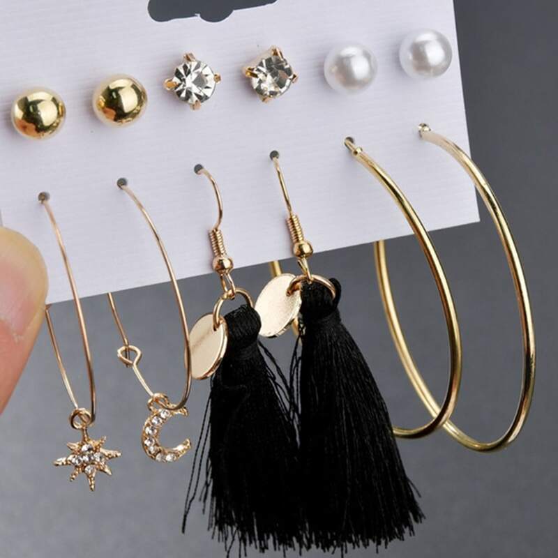 

6pairs Rhinestone Decor Tassel Charm Earrings, Multicolor