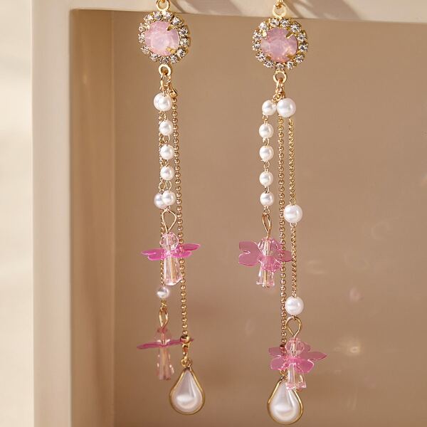 

1pair Faux Pearl & Floral Decor Long Drop Earrings, Multicolor