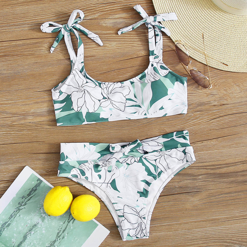

Floral Tie Shoulder Bikini Swimsuit, Multicolor