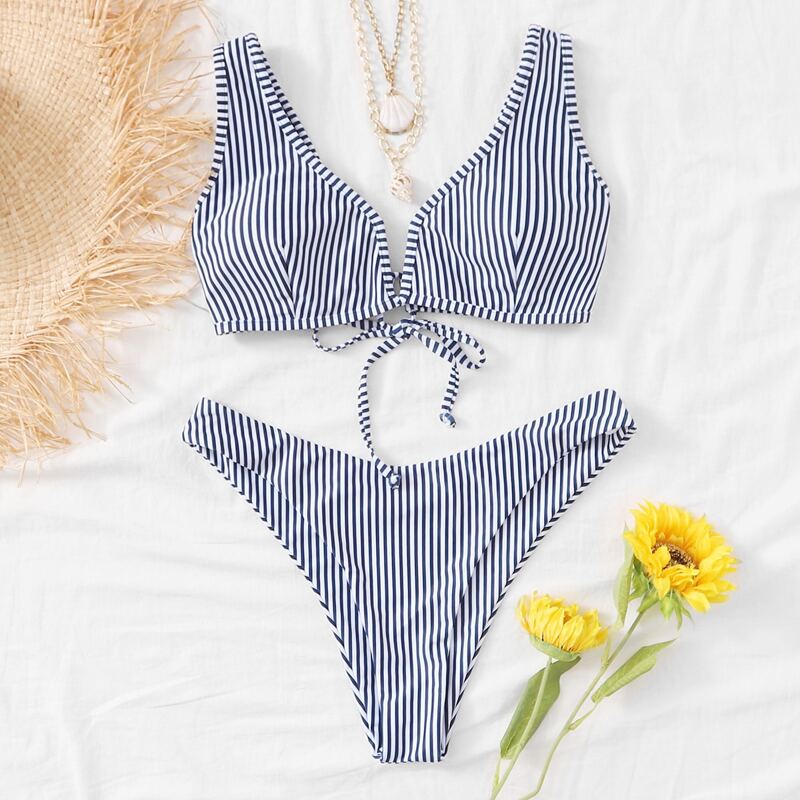 

Striped V-wired High Leg Bikini Swimsuit, Blue