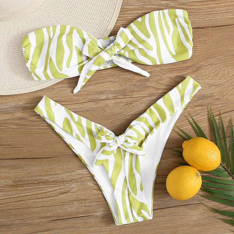 

Graphic Print Knot Front Bandeau High Leg Bikini Swimsuit, Green