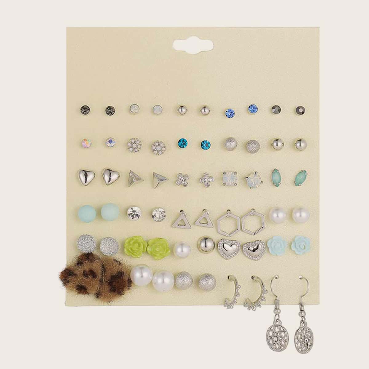 

30pairs Rhinestone Engraved Heart & Geometric Shaped Earrings, Multicolor