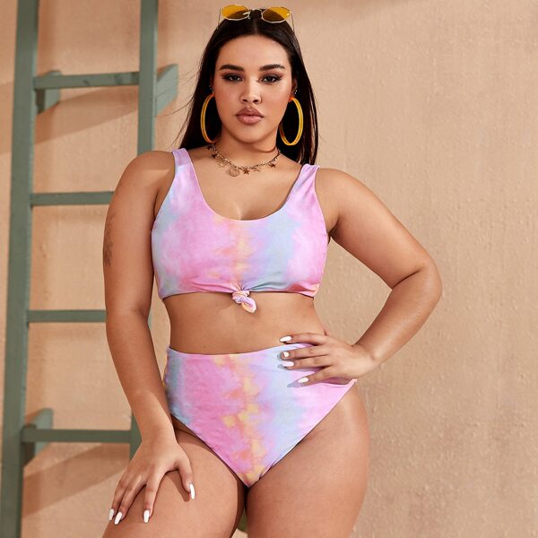 

Plus Tie Dye Knot High Waisted Bikini Swimsuit, Multicolor