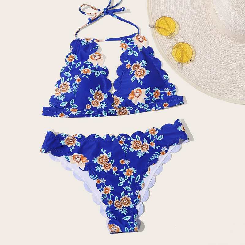 

Floral Scallop Trim Halter Bikini Swimsuit, Multicolor