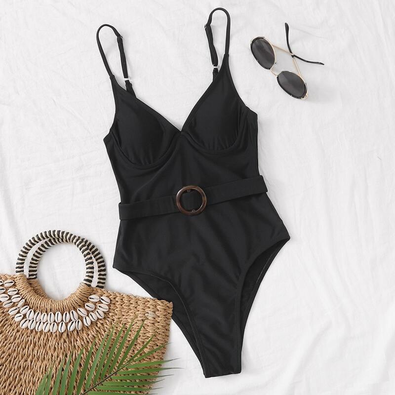

Ring Belted Underwire One Piece Swimsuit, Black