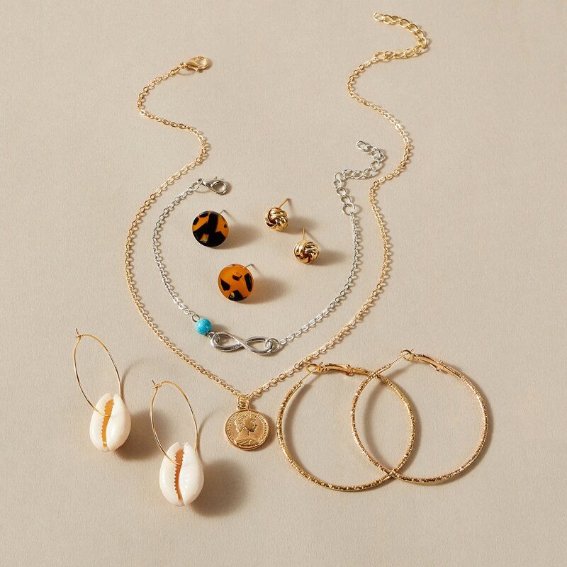 

10pcs Shell & Coin Charm Infinity Decor Necklace & Earrings