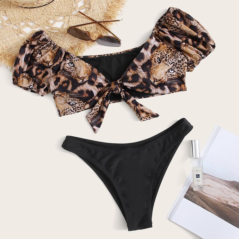 

Leopard Knot Front Cheeky Bikini Swimsuit, Multicolor