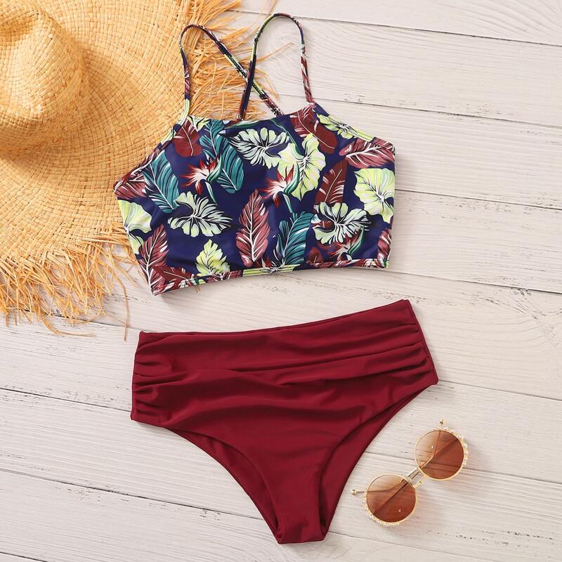 

Tropical Ruched High Waist Bikini Swimsuit, Multicolor