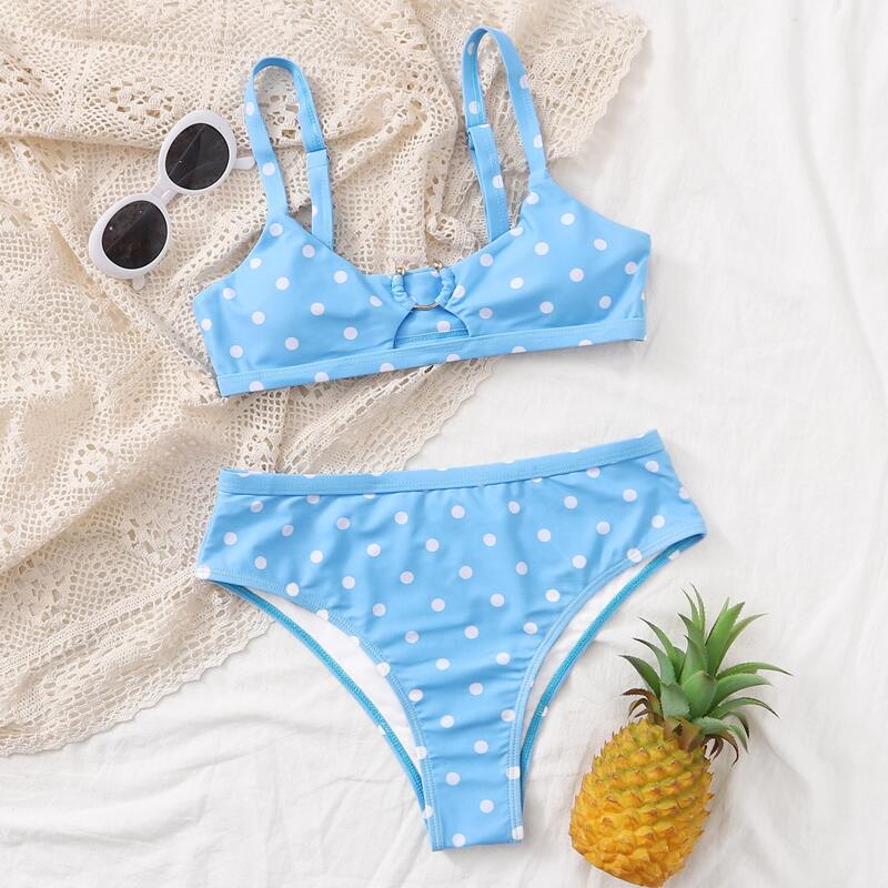

Ring Polka Dot High Waist Bikini Swimsuit, Blue