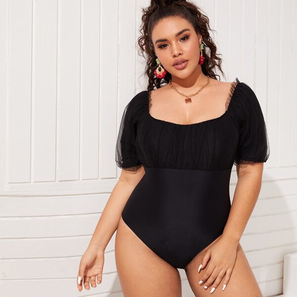 

Plus Contrast Mesh Bust Ruched One Piece Swimsuit, Black