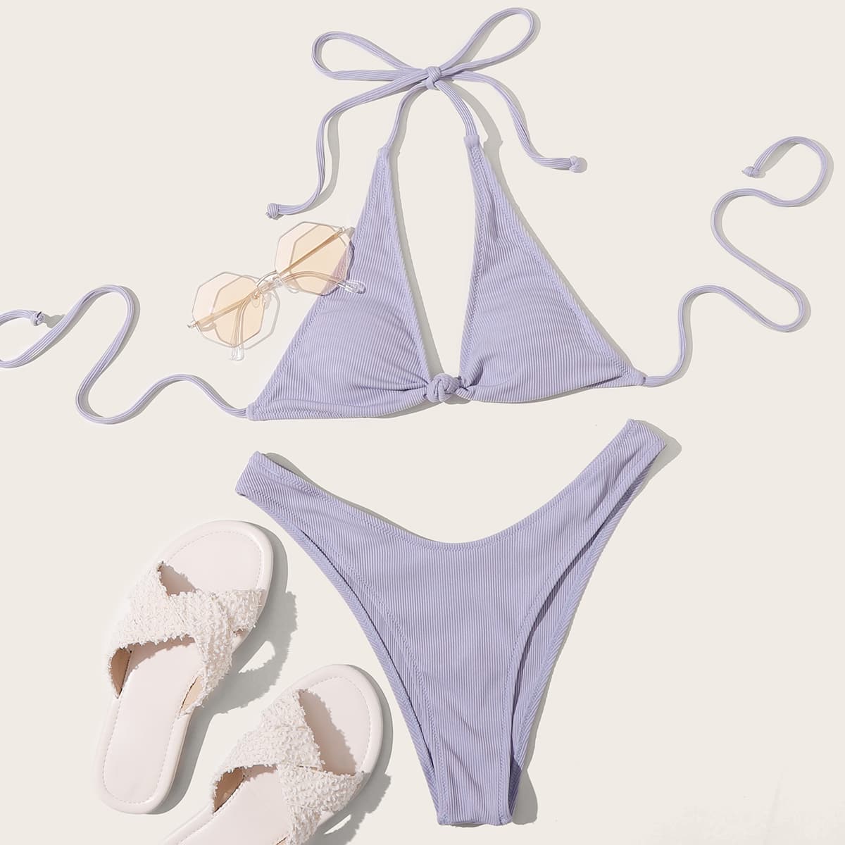 

Halter Triangle High Leg Bikini Swimsuit, Purple
