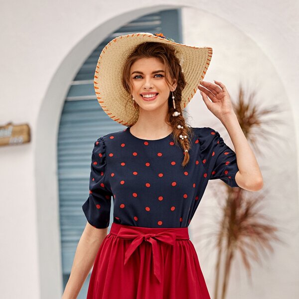 

Polka Dot Puff Sleeve Blouse, Navy blue