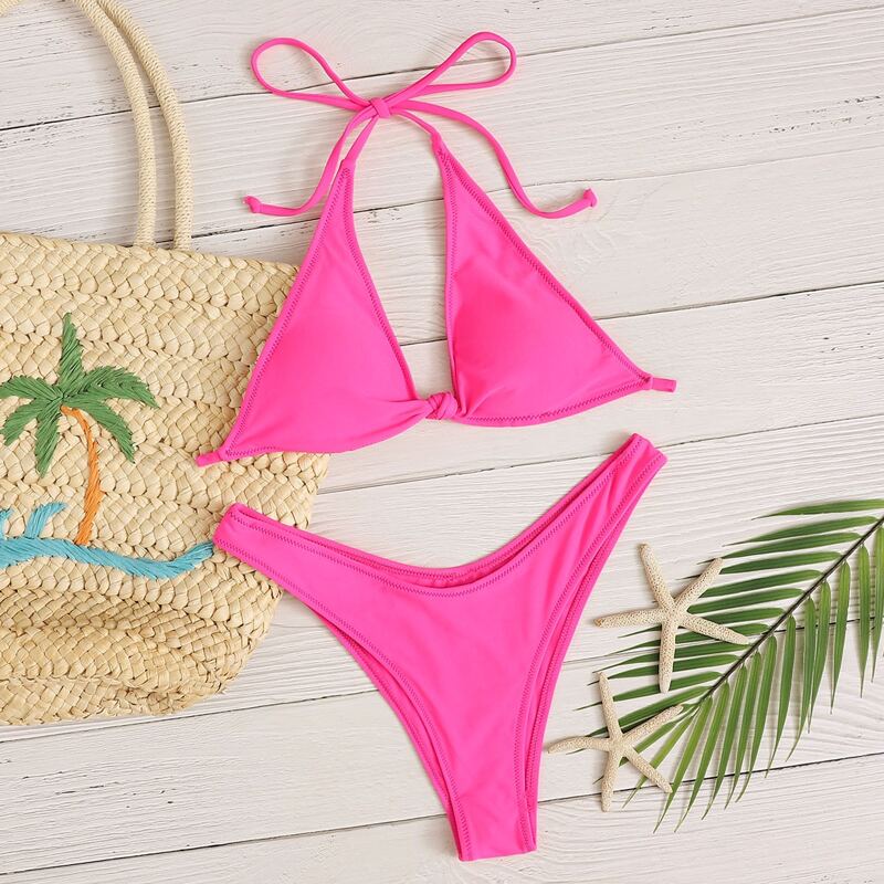 

Neon Pink Triangle High Leg Bikini Swimsuit, Pink bright