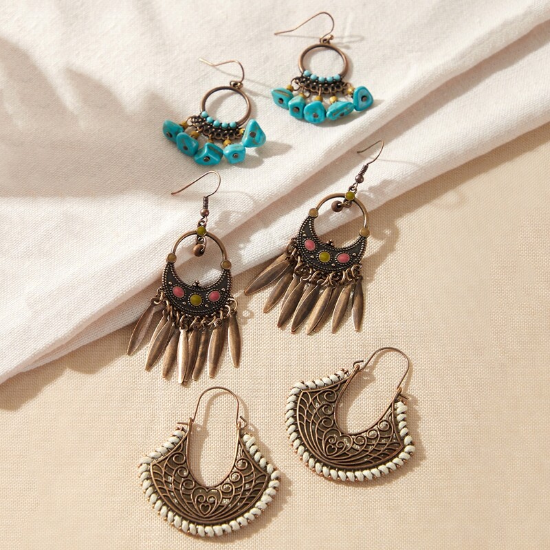 

3pairs Hollow Out Turquoise Charm Drop Earrings, Multicolor