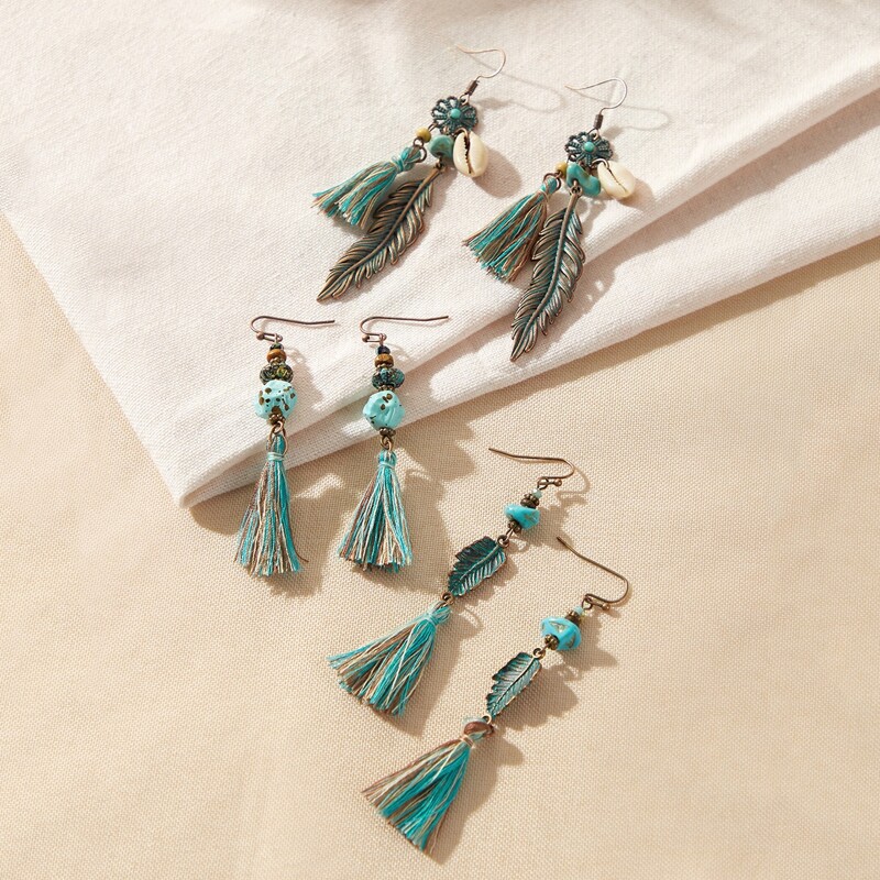 

3pairs Shell & Tassel Charm Drop Earrings, Blue