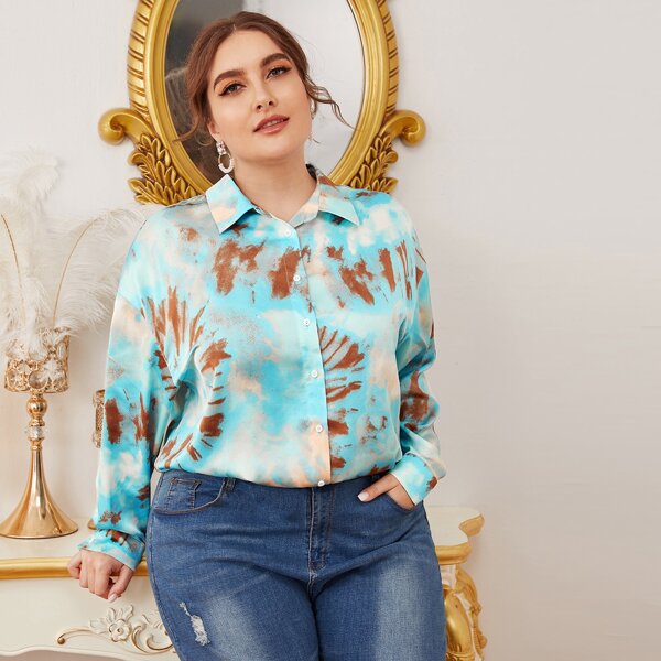 

Plus Drop Shoulder Tie Dye Satin Blouse, Multicolor