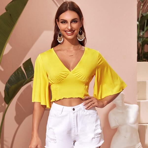 

Flutter Sleeve Shirred Back Crop Top, Yellow bright