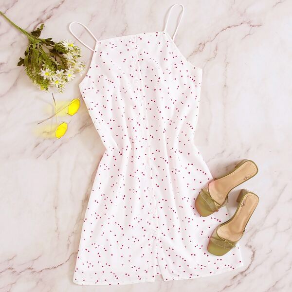 

Button Front Confetti Heart Print Dress, White
