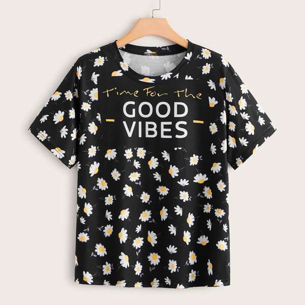 

Plus Floral & Letter Graphic Tee, Black