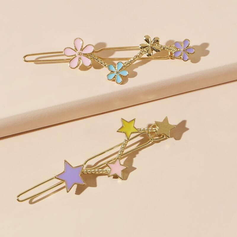 

2pcs Floral & Star Hair Clip, Gold