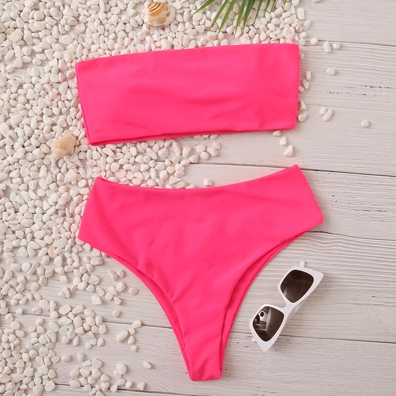

Neon Pink Bandeau High Waist Bikini Swimsuit, Pink bright