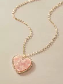 1pc Rhinestone Decor Heart Charm Necklace - Pink - View 1