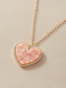 1pc Rhinestone Decor Heart Charm Necklace - Pink - View 3