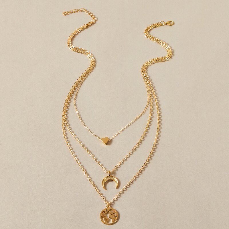 

1pc Hollow Out Round & Moon Charm Layered Necklace, Gold