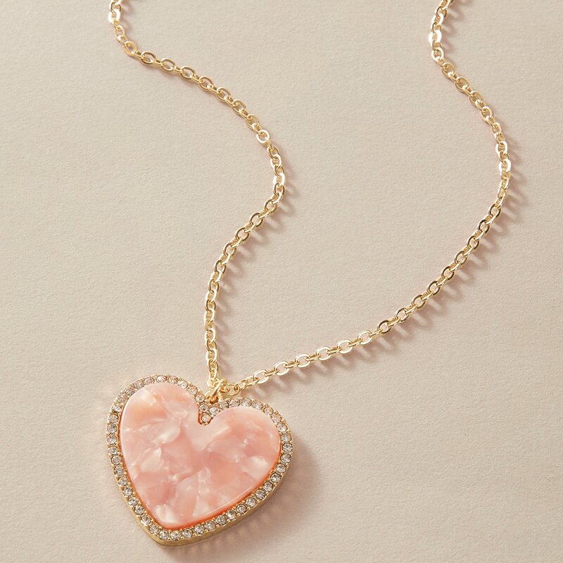 

1pc Rhinestone Decor Heart Charm Necklace, Pink