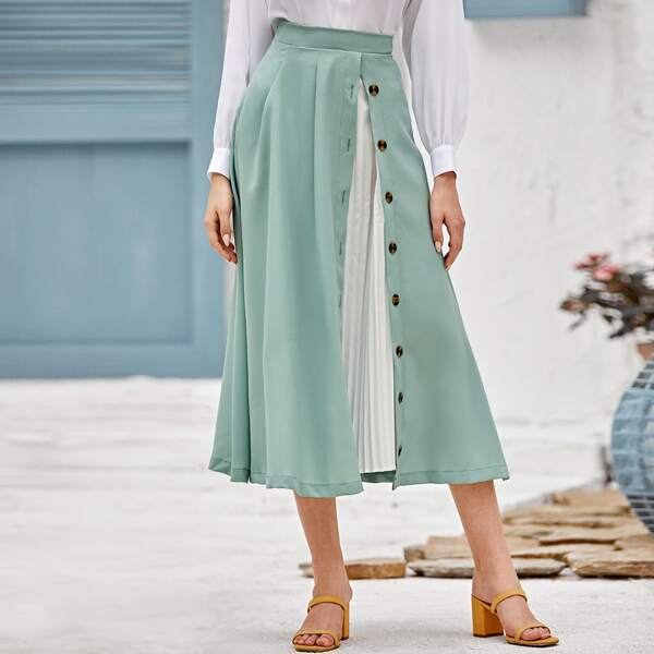 

Contrast Panel Button Front Pleated Detail Skirt, Green