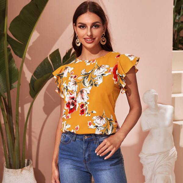 

Ruffle Armhole Floral Print Top, Yellow