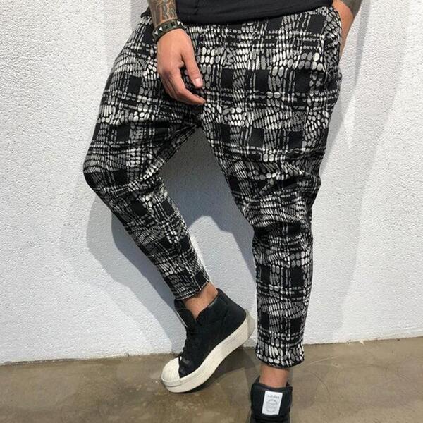 

Men Geometric & Plaid Print Pants, Black