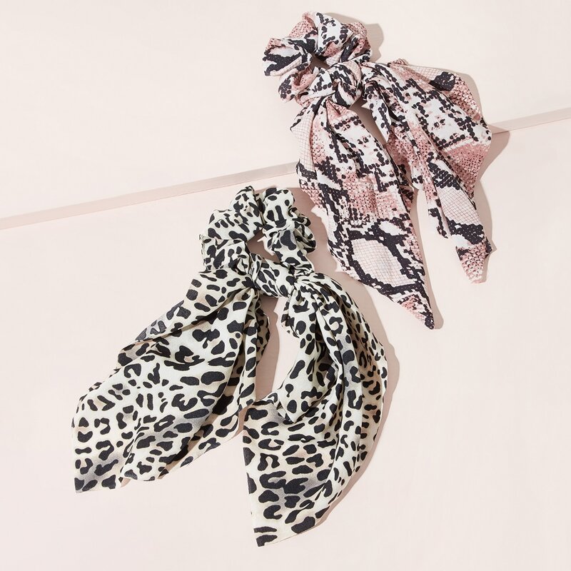 

2pcs Leopard & Snakeskin Pattern Scrunchie Scarf, Multicolor