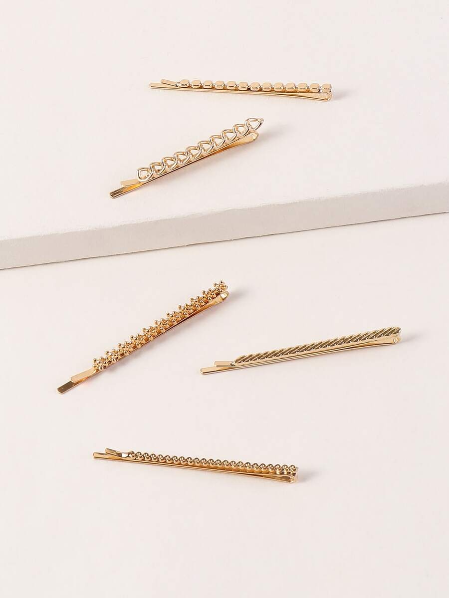 5pcs Textured Metal Bobby Pin - Gold - View 1