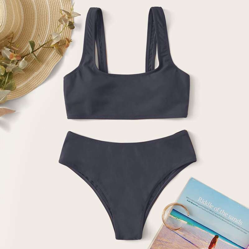

Solid Scoop Neck Bikini Swimsuit, Grey