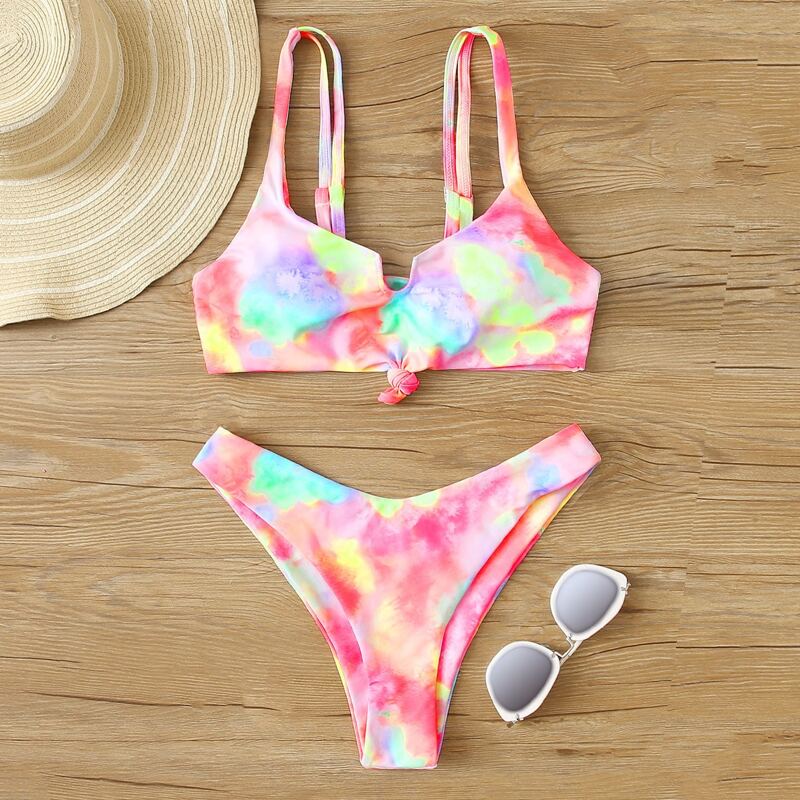 

Tie Dye Knot High Leg Bikini Swimsuit, Multicolor