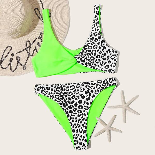 

Neon Green Contrast Leopard Twist Bikini Swimsuit, Multicolor