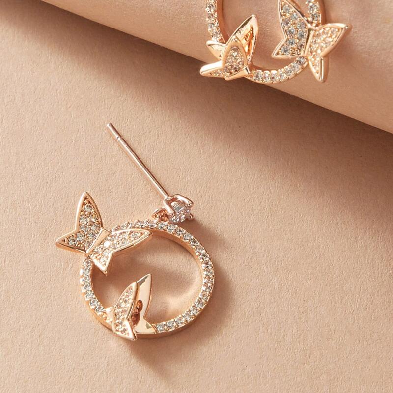 

1pair Rhinestone Engraved Butterfly Decor Drop Earrings, Gold