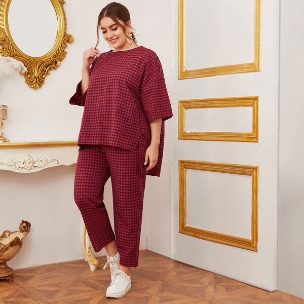 

Plus Drop Shoulder High-low Hem Gingham Top & Pants Set, Red
