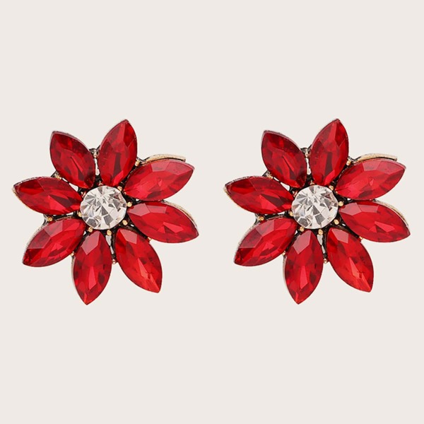 

1pair Gemstone Engraved Flower Shaped Earrings, Red