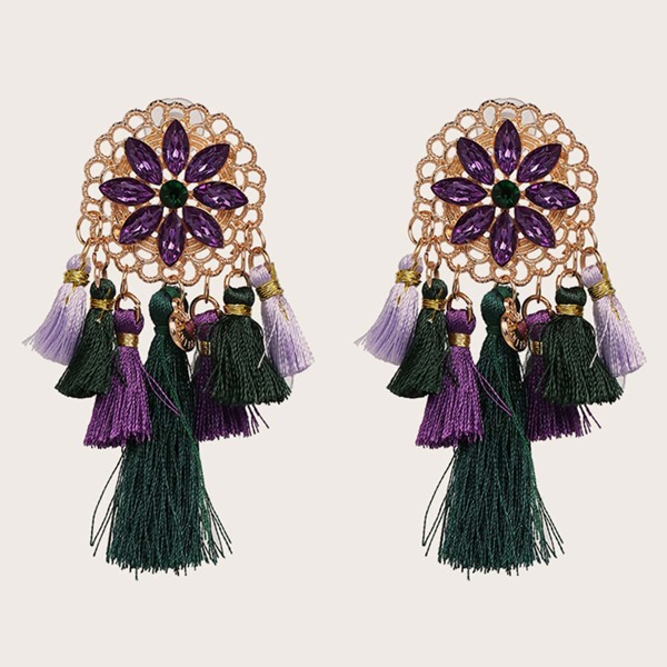 

1pair Gemstone Engraved Flower Tassel Drop Earrings, Multicolor
