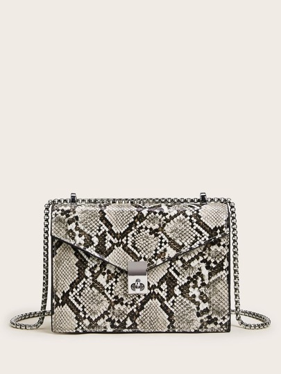 Snakeskin Flap Chain Crossbody Bag