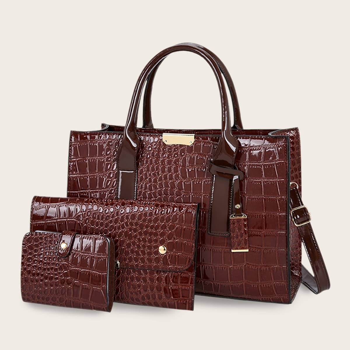 

3pcs Croc Embossed Satchel Bag With Purse, Brown