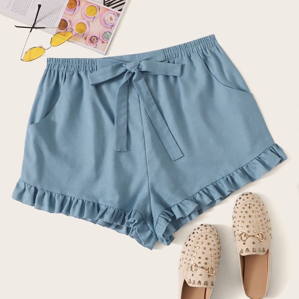 

Plus Tie Front Ruffle Hem Denim Shorts, Blue