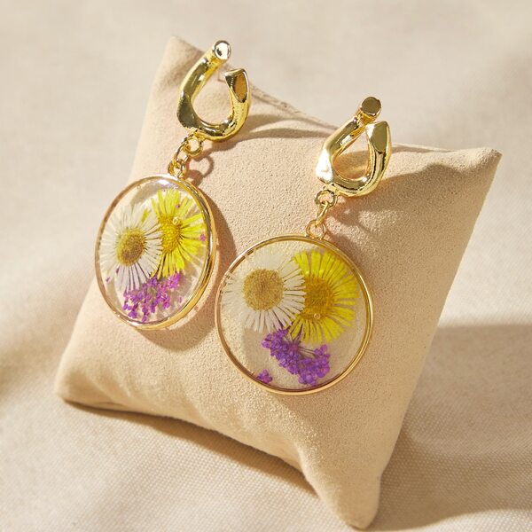 

1pair Floral Pattern Round Drop Earrings, Multicolor